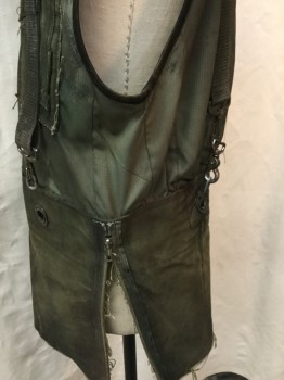 Mens, Vest, NT DRI, Olive Green, Nylon, Cotton, Solid, XL, (Aged/Distressed)  Olive, Collar Attached, 12" Zip Front, Shoulder Pad, Straps, Buckle Detail, Side Zipper Bottom Half Front, Gray Netting Lining, Strap & Metal Hook Back, Black Trim on Arm Holes