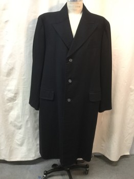 Mens, Coat, Overcoat, NL, Black, Cashmere, Solid, 50, Single Breasted, 3 Buttons,  3 Pockets, Top Stitch, Peaked Lapel, Long, Back Slit