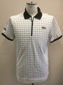 LACOSTE, White, Black, Polyester, Grid , White with Black Grid Pattern, Short Sleeves, Solid Black Collar Attached, Black Half Zipper at Neck, Black Ribbed Trim at Cuffs, Lacoste Alligator Patch on Chest **Has Multiples