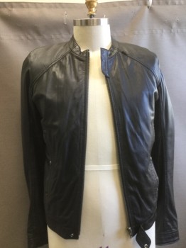 DIESEL, Black, Leather, Solid, Soft Leather, Band Collar, Zip Front, Slit Pockets with Snaps