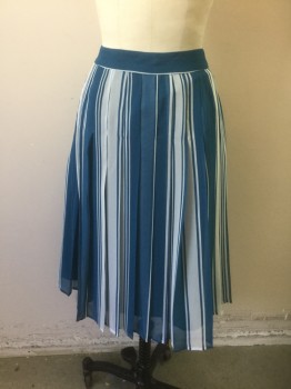 N/L, Teal Blue, White, Polyester, Stripes - Vertical , Teal Blue with White Vertical Stripes of Varying Widths, Chiffon Over Opaque Underlayer, 1.5" Self Waistband, Pleated, Mid Calf Length