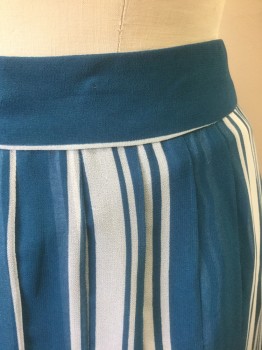 N/L, Teal Blue, White, Polyester, Stripes - Vertical , Teal Blue with White Vertical Stripes of Varying Widths, Chiffon Over Opaque Underlayer, 1.5" Self Waistband, Pleated, Mid Calf Length
