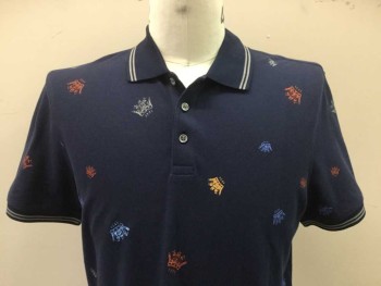 GIEVES & HAWKES, Navy Blue, Terracotta Brown, Gray, Periwinkle Blue, Yellow, Cotton, Novelty Pattern, Navy W/terracotta, Gray, Periwinkle, Yellow King's Crowns Print, Collar Attached & Short Sleeves Cuffs with 2 Horizontal Stripes, 3 Button Front,