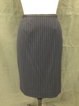 DANA BUCHMAN, Midnight Blue, Caramel Brown, White, Viscose, Wool, Stripes - Pin, Pencil Skirt, Midnight with Caramel and White Dotted Pinstripes, 1/2" Waistband, Darts Front & Back, Zip Center Back, Side Slit