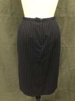 DANA BUCHMAN, Midnight Blue, Caramel Brown, White, Viscose, Wool, Stripes - Pin, Pencil Skirt, Midnight with Caramel and White Dotted Pinstripes, 1/2" Waistband, Darts Front & Back, Zip Center Back, Side Slit
