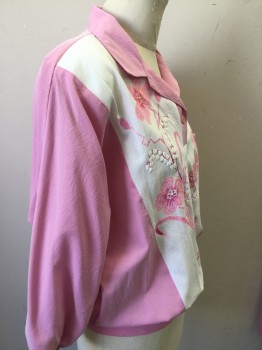 G.W., Pink, White, Polyester, Color Blocking, Floral, Long Sleeve Pullover Shirt, 1 Button Placket, Collar Attached, Floral Front with Pearl Appliqué Floral Centers