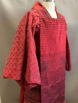 N/L, MTO, Red Burgundy, Silk, Solid, Basket Weave, Basketweave Texture Changeable Taffeta, Wide Long Sleeves, Square Neck, Rectangular Panel at Front with Horizontal Pleats, Underneath is Zipper and Snaps, Floor Length, Thick Rows of Horizontal Piping, Made To Order, Multiples