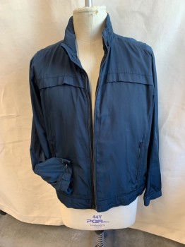 CALVIN KLEIN, Navy Blue, Polyester, Solid, Collar Attached, with Zipper & Hood Inside, 1.25" Flap Yoke Front & Back, Zip Front, 2 Pockets with Zipper, Long Sleeves, Navy Lining