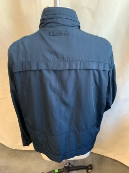 CALVIN KLEIN, Navy Blue, Polyester, Solid, Collar Attached, with Zipper & Hood Inside, 1.25" Flap Yoke Front & Back, Zip Front, 2 Pockets with Zipper, Long Sleeves, Navy Lining