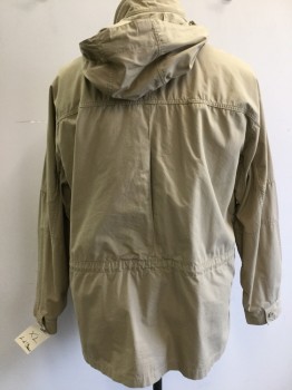 LL BEAN , Khaki Brown, Cotton, Solid, Zip/button Front, Stand Collar, Attached Hood, 4 Cargo Pockets,