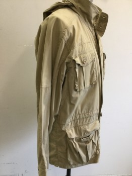 LL BEAN , Khaki Brown, Cotton, Solid, Zip/button Front, Stand Collar, Attached Hood, 4 Cargo Pockets,