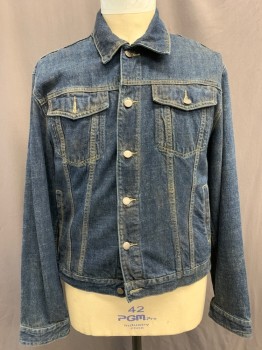 ROOTS, Navy Blue, Cotton, Heathered, Dark Wash, Spread Collar, Button Front, 2 Patch Flap Pockets, 2 Side Welt Pockets, Adjustable Waistband Tabs, Gold Top Stitching, Distressed