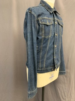 ROOTS, Navy Blue, Cotton, Heathered, Dark Wash, Spread Collar, Button Front, 2 Patch Flap Pockets, 2 Side Welt Pockets, Adjustable Waistband Tabs, Gold Top Stitching, Distressed