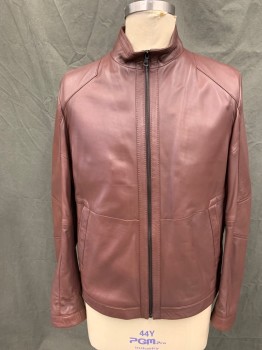 HUGO BOSS, Maroon Red, Leather, Solid, Zip Front, Stand Collar, 2 Pockets, Front Waist Seam