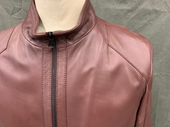 HUGO BOSS, Maroon Red, Leather, Solid, Zip Front, Stand Collar, 2 Pockets, Front Waist Seam