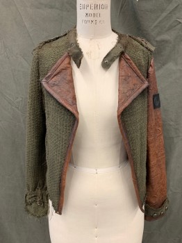 Womens, Sci-Fi/Fantasy Jacket, "ZARA BASIC", Moss Green, Brown, Cotton, Polyester, Color Blocking, M, Moss Textured Knit, Brown Textured Leather Lapel/1 Sleeve/Trim, Open Front, Twill Snap Band Collar with Raw Edges, Twill Raw Edge Studded Epaulets, 2 Pockets, Button Tabs at Cuff, Attached Brown Canvas/ Black Leather/Black Webbing Back Panel, Raw Hem. Elbow Patch on Knit Sleeve, Aged/Distressed,  Post-Apocalyptic