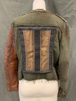 Womens, Sci-Fi/Fantasy Jacket, "ZARA BASIC", Moss Green, Brown, Cotton, Polyester, Color Blocking, M, Moss Textured Knit, Brown Textured Leather Lapel/1 Sleeve/Trim, Open Front, Twill Snap Band Collar with Raw Edges, Twill Raw Edge Studded Epaulets, 2 Pockets, Button Tabs at Cuff, Attached Brown Canvas/ Black Leather/Black Webbing Back Panel, Raw Hem. Elbow Patch on Knit Sleeve, Aged/Distressed,  Post-Apocalyptic