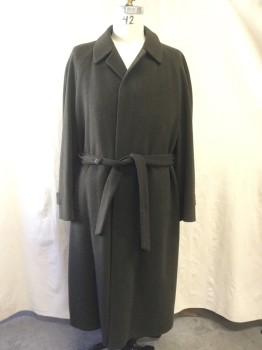 HOLT RENFREW, Moss Green, Wool, Heathered, Single Breasted, Hidden Placket, Collar Attached, Raglan Long Sleeves, Button Tab at Cuff, 2 Pockets, Belt Loops, Self Belt, Pleated Center Back From Mid Back