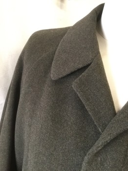 HOLT RENFREW, Moss Green, Wool, Heathered, Single Breasted, Hidden Placket, Collar Attached, Raglan Long Sleeves, Button Tab at Cuff, 2 Pockets, Belt Loops, Self Belt, Pleated Center Back From Mid Back