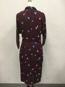 CHRISTY DAWN, Maroon Red, Peach Orange, Teal Green, Blue, Gray, Rayon, Abstract , Floral, 1/2 Button Front, Collar Attached, Side Zip, 3/4 Sleeve, Horizontal Pleats at Cuff
