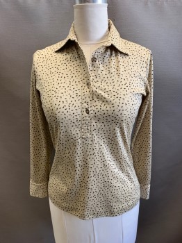 Womens, Blouse, ST JEAN, Tan Brown, Mauve Purple, Chocolate Brown, Polyester, Leaves/Vines , B:36, Long Sleeves, Half Button Front, 4 Buttons, Button Cuffs, Point And Spread Collar