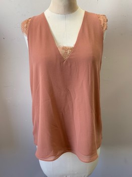 Womens, Blouse, NAKED ZEBRA, Dusty Rose Pink, Polyester, S, V-neck, Pullover, Cap Sleeves, Lace Trim at Center Bust & on Sleeves