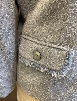 SAG HARBOR, Powder Blue, White, Black, Polyester, Rayon, Speckled, Bumpy Textured Boucle, Single Breasted, 4 Buttons, Collar Attached, Fringe Edge at Collar and 2 Hip Pocket Flaps, Padded Shoulders