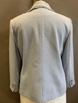 SAG HARBOR, Powder Blue, White, Black, Polyester, Rayon, Speckled, Bumpy Textured Boucle, Single Breasted, 4 Buttons, Collar Attached, Fringe Edge at Collar and 2 Hip Pocket Flaps, Padded Shoulders