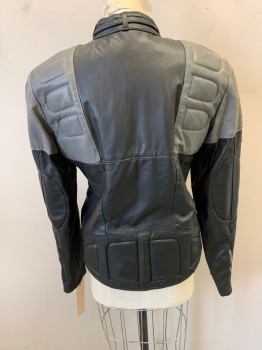 Womens, Leather Jacket, N/L, Black, Lt Gray, Leather, Color Blocking, 6, Zip Front, 5 Zip Pockets, Self Belt, Quilting & Padded, Collar Band, Zipper Cuffs, Motorcycle Jacket