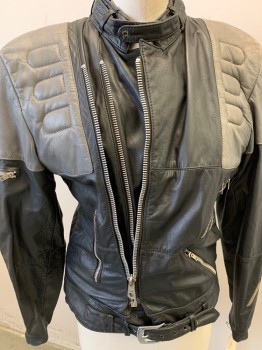 Womens, Leather Jacket, N/L, Black, Lt Gray, Leather, Color Blocking, 6, Zip Front, 5 Zip Pockets, Self Belt, Quilting & Padded, Collar Band, Zipper Cuffs, Motorcycle Jacket