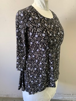 ANNE KLEIN, Black, Gray, Taupe, White, Polyester, Elastane, Abstract , Stretchy Material, 3/4 Sleeves, Pullover, Round Neck, High/Low Hemline