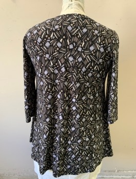 ANNE KLEIN, Black, Gray, Taupe, White, Polyester, Elastane, Abstract , Stretchy Material, 3/4 Sleeves, Pullover, Round Neck, High/Low Hemline