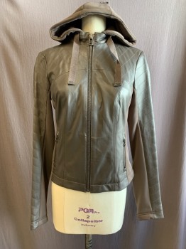 Womens, Leather Jacket, ATHLETA, Dk Brown, Leather, Polyester, XXS, Hooded, Zip Front, 2 Side Zip Pockets, Stitched Pattern on Sleeves & Back, Zipper at Sleeves