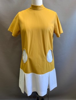 Womens, Dress, IMPERIAL UNIFORMS, Mustard Yellow, White, Synthetic, Solid, W:38, B:42, H:42, Short Sleeves, Mock Neck, Dropped Waist with White Pleated Bottom, 2 Circle Cutout Pockets with White Background at Hips, Shift Dress, Above Knee Length, Mod Style, Late 1960's Mod