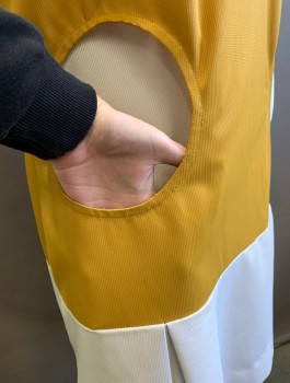 Womens, Dress, IMPERIAL UNIFORMS, Mustard Yellow, White, Synthetic, Solid, W:38, B:42, H:42, Short Sleeves, Mock Neck, Dropped Waist with White Pleated Bottom, 2 Circle Cutout Pockets with White Background at Hips, Shift Dress, Above Knee Length, Mod Style, Late 1960's Mod