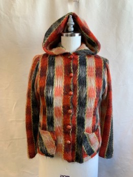 Womens, Jacket, NL, Red, Yellow, Black, Gray, Wool, Stripes, Check , B:38, Striped Front and Sleeves, Checked Back, Hood, Knit with Semi Fur, Button Front, Patch Pockets