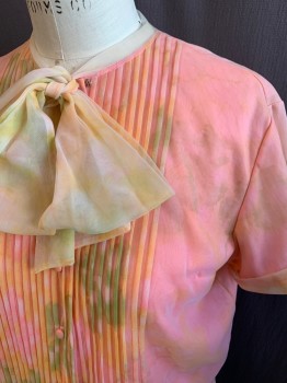 PENNY POTTER, Salmon Pink, Lt Green, Ivory White, Synthetic, Solid, Tie-dye, Short Sleeves, Button Front, Self Shank Buttons, Neck Tie, Cuffed Sleeves, Tie Dye Style Chiffon Layer