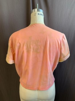 Womens, Blouse, PENNY POTTER, Salmon Pink, Lt Green, Ivory White, Synthetic, Solid, Tie-dye, B38, Short Sleeves, Button Front, Self Shank Buttons, Neck Tie, Cuffed Sleeves, Tie Dye Style Chiffon Layer