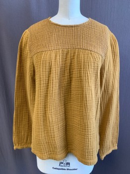 MADEWELL, Ochre Brown-Yellow, Cotton, Solid, Textured Cotton, Stitched Stripes Yoke, Gathered at Yoke, Keyhole Back, Long Sleeves, Keyhole with Button at Sleeve Hem
