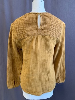 MADEWELL, Ochre Brown-Yellow, Cotton, Solid, Textured Cotton, Stitched Stripes Yoke, Gathered at Yoke, Keyhole Back, Long Sleeves, Keyhole with Button at Sleeve Hem