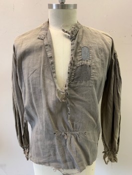 Mens, Historical Fiction Shirt, N/L MTO, Putty/Khaki Gray, Gray, Cotton, Solid, 42-44, L, Very Aged, with Various Patches, Long Sleeves, Band Collar with Deep V-neck, Puffy Sleeves Gathered at Shoulder, Raw Edge at Hem, Historical Fantasy Peasant, Made To Order