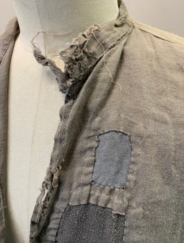 Mens, Historical Fiction Shirt, N/L MTO, Putty/Khaki Gray, Gray, Cotton, Solid, 42-44, L, Very Aged, with Various Patches, Long Sleeves, Band Collar with Deep V-neck, Puffy Sleeves Gathered at Shoulder, Raw Edge at Hem, Historical Fantasy Peasant, Made To Order