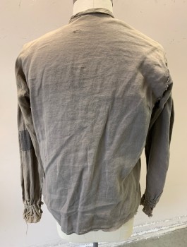 N/L MTO, Putty/Khaki Gray, Gray, Cotton, Solid, Very Aged, with Various Patches, Long Sleeves, Band Collar with Deep V-neck, Puffy Sleeves Gathered at Shoulder, Raw Edge at Hem, Historical Fantasy Peasant, Made To Order