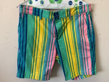Mens, Shorts, FOREVER 21, Yellow, Green, Blue, Pink, Cotton, Stripes - Vertical , W 30, F.F, 4 Pockets,