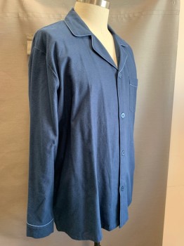 NOBLE MOUNT, Navy Blue, Blue, Cotton, Solid, Long Sleeves, Button Front, Collar Attached, 1 Pocket, Navy with Blue Piped Trim