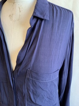 BELLA DAHL, Navy Blue, Rayon, Solid, Hidden Button Front Placket, V-neck, Collar Attached, 2 Pockets, Long Sleeves, Button Cuff