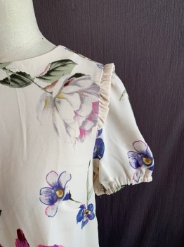 MOON, Cream, Green, Pink, Violet Purple, Polyester, Floral, Round Neck, Short Sleeves, Ruffle at Inset Sleeve, Elastic Cuff, Keyhole Back