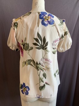 MOON, Cream, Green, Pink, Violet Purple, Polyester, Floral, Round Neck, Short Sleeves, Ruffle at Inset Sleeve, Elastic Cuff, Keyhole Back
