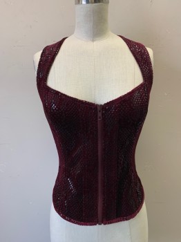 Womens, Sci-Fi/Fantasy Piece 3, MTO, Maroon Red, Black, Polyester, Synthetic, Reptile/Snakeskin, Corset Top, Zip Front, Sleeveless, Semi Sweetheart Neckline