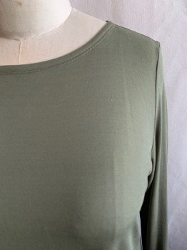 EILEEN FISHER, Olive Green, Silk, Solid, Long Sleeves, Sheer Hem, Round Neck